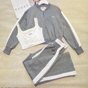 ALO Yoga Gray and White Track Jacket Wide Leg Pants Crop Tank 3 Piece Set